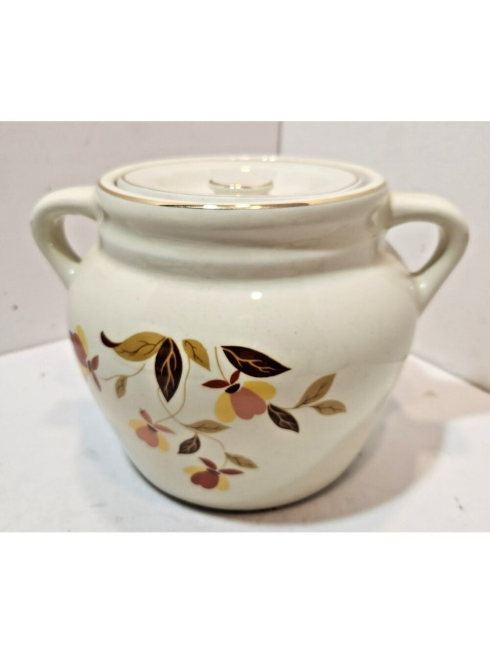 Vtg Hall Autumn Leaf 2 1/4 QT 2 Handled Bean Pot & Lid Mary Dunbar MCM Jewel